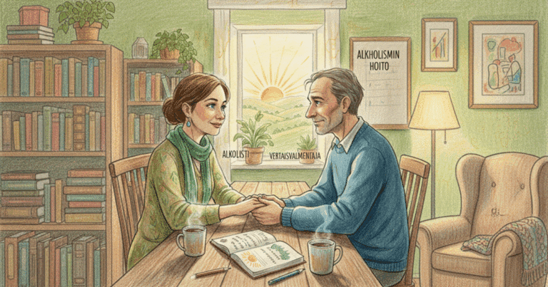 Alkoholismin hoitoa vertaisvalmennuksella.